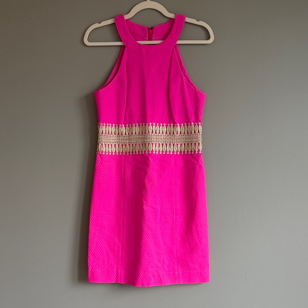 Lilly Pulitzer Hot Pink Sleeveless Dress with Gold Waist Accent